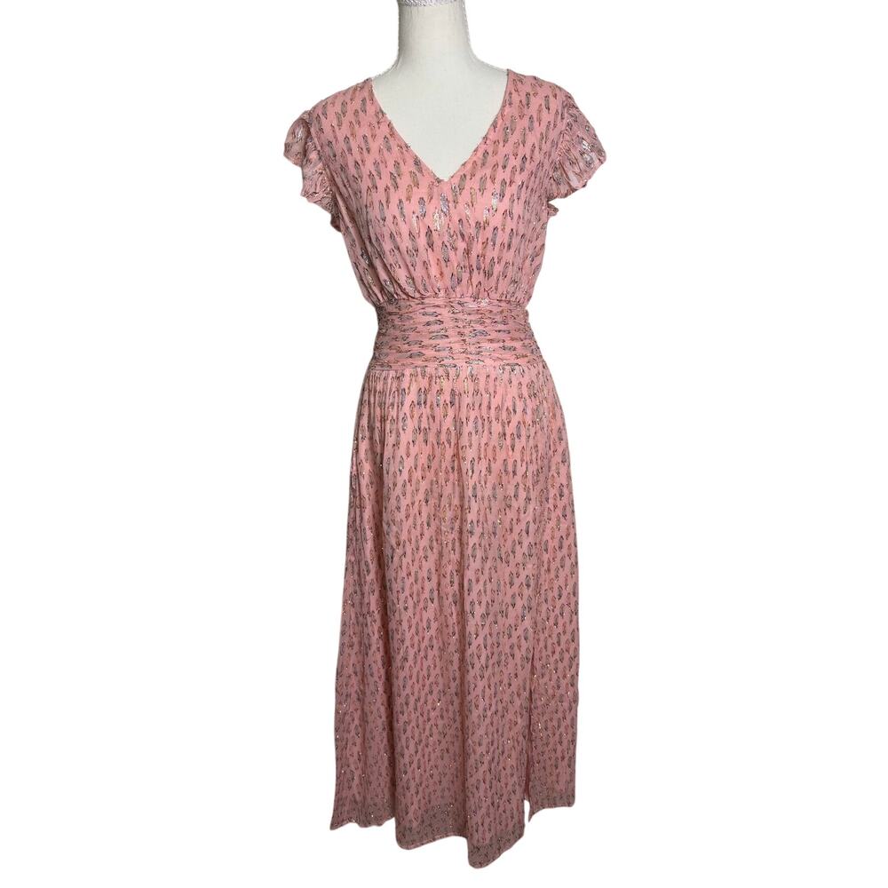 CIEBON Pink Metallic Flutter Sleeve Maxi Dress with Pockets